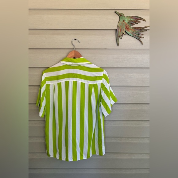 PIERRE CARDIN 80s rayon lime green white striped vacation button down shirt sz 8 - Picture 6 of 13